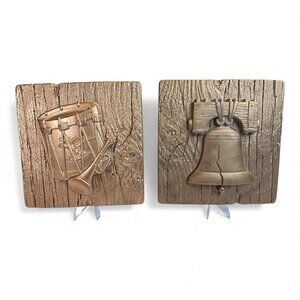Vintage 1975 Miller Studio Liberty Bell & Drum Wall Plaques Rustic Wood Look